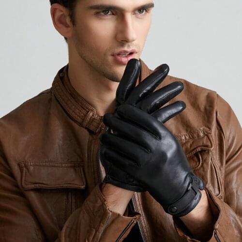 Genuine Leather Gloves Mens Autumn Winter Plus Velvet Driving Touchscreen Sheepskin Gloves Thermal Warm Free Shipping M9002