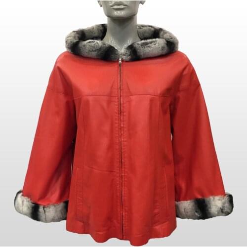 Womens Genuine Leather Red Jacket Real Sheepskin Rex Fur Hooded And Cuff Casual Double Sided Coat New Fashion Elegant Outerwear