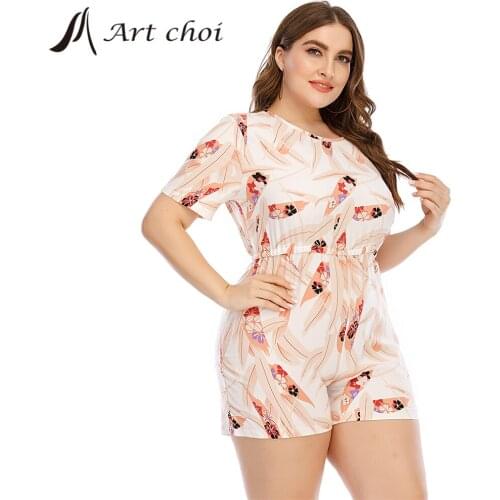 Women Jumpsuits Rompers Summer Pyjamas One Piece Floral Print Short Sleeve Short Pants Bandage Loungewear Sleepwear Plus Size