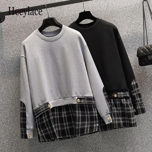 Plus Size 4XL Cotton Pliad Patchwork Sweatshirt Women 2021 Autumn Winter Casual Fashion Long Sleeve O Neck Top Female Clothing