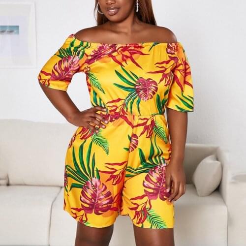 Plus Size Playsuits For Women Large Big Size Yellow Printed Slash Neck High Waisted Fashion Causal Evening Night Club Rompers