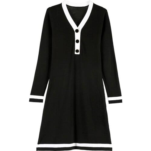 Women Long Sleeve Sweater Dress Womens Black White Casual Autumn Winter Dress Female V-neck A Line Short Mini Knitted Dresses