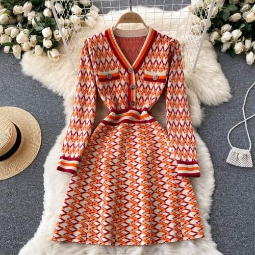 Sweater Dress Women 2021 New Autumn Winter Elegant Knit Dress Fashion V-neck Long Sleeve Geometric Pattern A-line Short Dress
