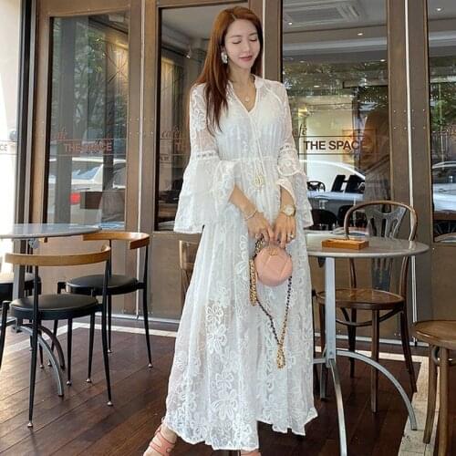 Elegant Korean Women Maxi Party Dress Long Sleeve Ruffle White Lace Emroidery Tulle Tunic Beach Dress Holiday Female Colthes