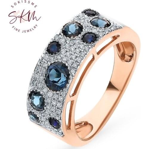 SKM Vintage Sapphire rings for women Solid 14k rose gold Engagement Rings trendy Anniversary Luxury Fine Jewelry