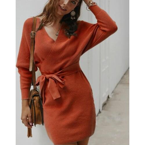 Winter Knitted Dresses Womens 2020 Keep Warm Sexy V-neck Bodycon Dress Women For Autumn Solid And Leopard Sexy Party Dress Mujer