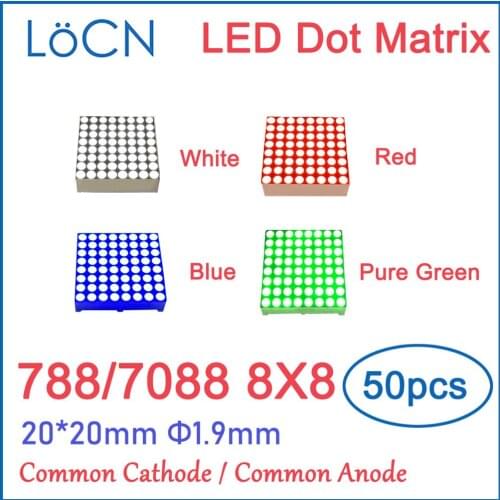 LED Dot Matrix 7088 788 RED GREEN BLUE WHITE 8x8 Common Cathode Common Anode 20*20mm 1.9mm 788AS Display Module Digital tube