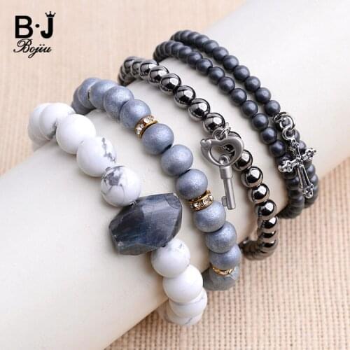 BOJIU 4 Pcs/Set Trendy Heart Key Cross Charm Bracelets For Women Natural Stone Howlite Labradorite Hematite Bracelets BCSET128