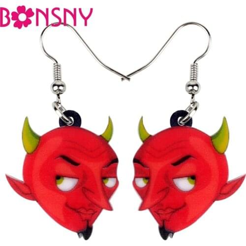 Bonsny Acrylic Halloween Red Devil Monster Earrings Drop Dangle Big Long Novelty Costumes Jewelry For Women Girls Gift Wholeslae