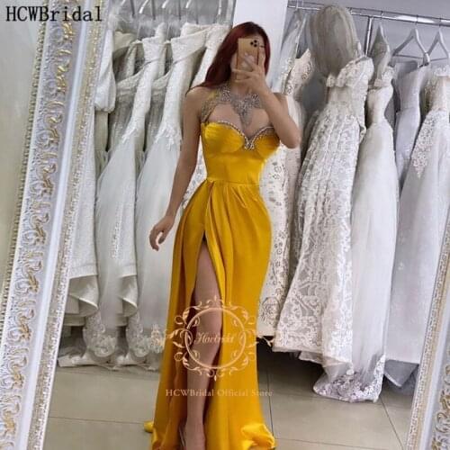 Long Gold Evening Dress High Slit Crystal Satin Arabic Women Formal Dresses Customize Sexy Prom Party Gowns Vestido De Festa