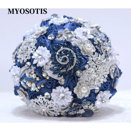 Graceful Royal Navy Blue Artificial Satin Rose Flower Bridal Bouquets Shinny Crystal Rhinestones Accessories Ramo Flores