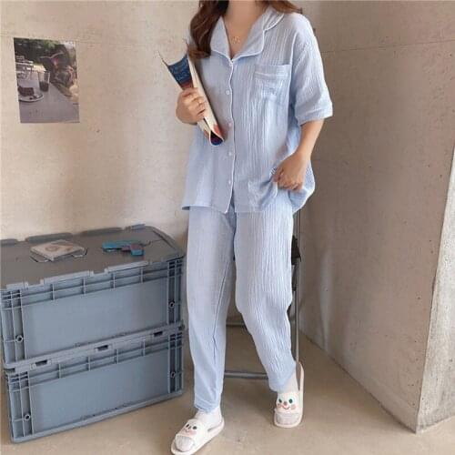 Spring Cotton crepe women sleep pajamas set ladies short sleeve PJ pyjamas sets casual solid sleepwear Korean home suits L087