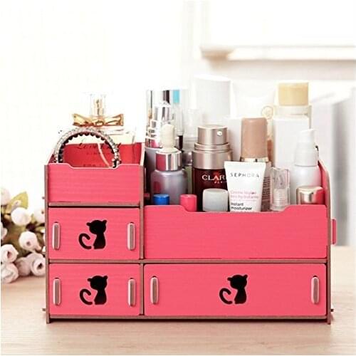 Red DIY Desktop Storage Cute Cat Display Boxes Makeup Organizer for Any Decor