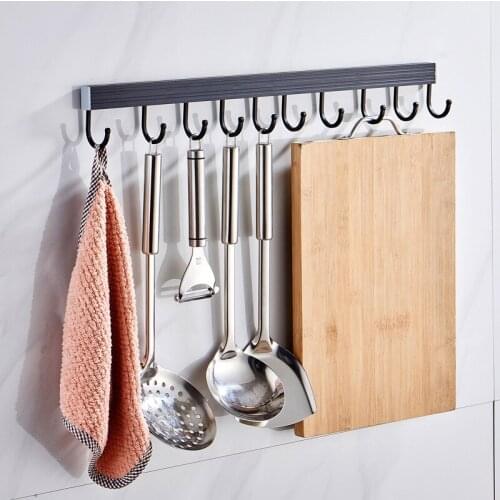 Kitchen Wall Hanging Rod Punch-free Space Aluminum Black Kitchen Hardware Hook Shelf Towel Hook Rack Kitchenware storage