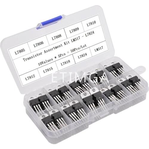 LM317T L7805 L7806 L7808 L7809 L7810 L7812 L7815 L7818 L7824 Transistor Assortment Kit 10value*5pcs 50PCS Voltage Regulator Box