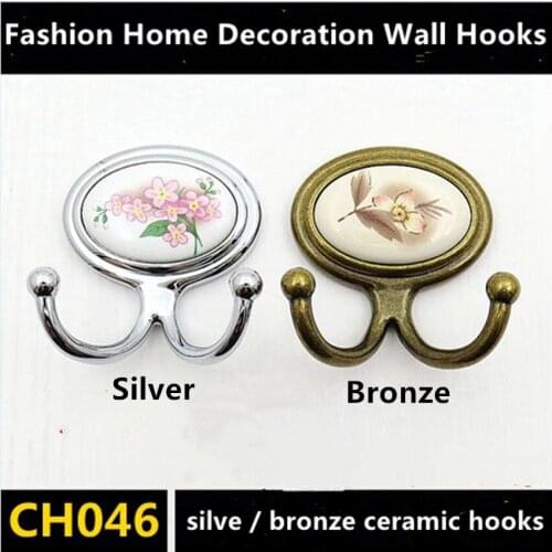 Fashion rural ceramic top quality home decoration wall hooks silver chrome bronze clothes bag bowel hooks kitchen bathroom hooks