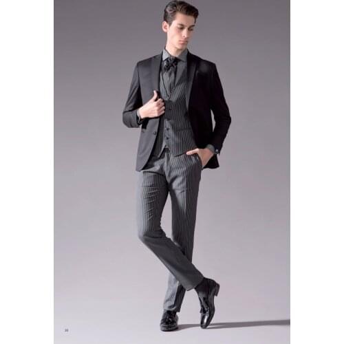 2017 Latest Coat Pant Designs Black Grey Stripes Prom Men Suit Slim Fit Tuxedo 3 Piece Custom Groom Gentle Suits Terno Masculino
