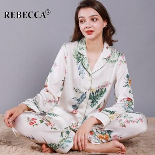 Floral Loose Female Pajamas Satin Turndown Collar Long Sleeve Pocket 2 Piece Set Pants Homewear Silk Women Sleepwear Suits