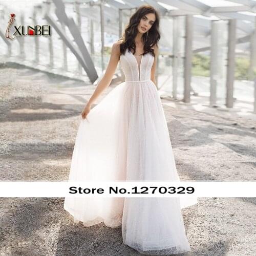Robe De Mariee A-Line Wedding Dress Hot Sparkling Beaded Sequined Beach Bride Dresses Backless V Neckline Bride Dresses