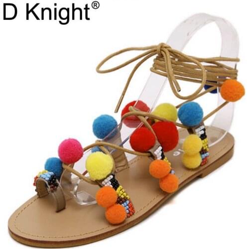 Summer Colorful Flower Ball PomPom Sandals Flat With Roman Gladiator Sandals Women High Lace Thong Flip Flops Shoes Woman E46