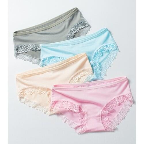 3pcs women sexy underwear plus size cotton panties pink cute lace silk translucent underwear seamless satin panties briefs