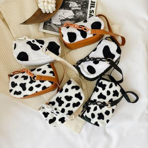 Fashion Cow Milk Print Handbag Totes Women Plush PU Leather Chain Shoulder Underarm Purse Autumn Winter Top-handle Bags