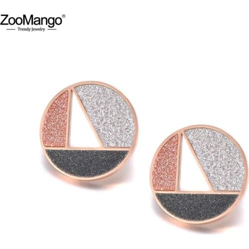 ZooMango Fashion Titanium Stainless Steel Geometric Stud Earrings Rose Gold Bohemia Matte Surface Earrings For Women ZE19162