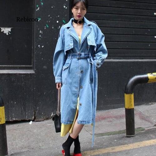 Spring S-XL Plus Size Korean Long Denim Coat For Womens Belted High Street Loose Casual Autumn Jeans Trench Coat Outwear