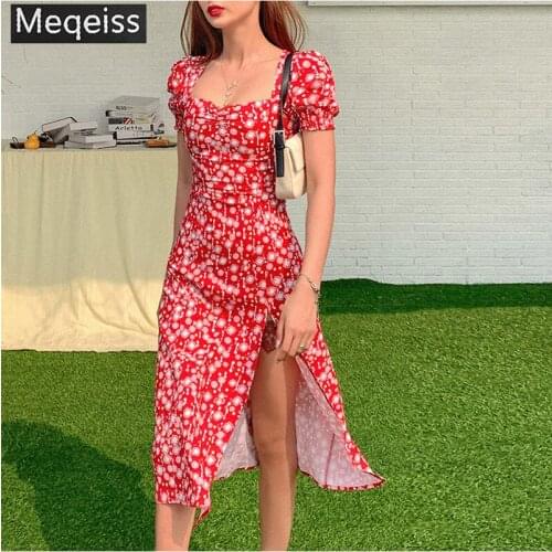 New Summer Ruffles Puff Sleeve Slim Split Midi Dress Vestido Romance Retro Dress Women Floral Print Square Collar Sexy Dresses