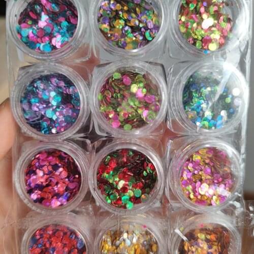 12Jar/set Mix Size Shinny Nail Glitter Sequins Colorful Round Shape Nailart Glitter Flakes Manicure 3D Nail Art Decorations #PT5