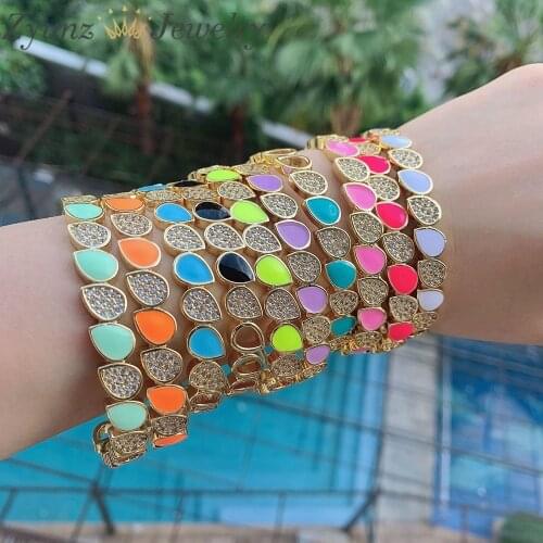 3PCS, New Drop CZ Pave Charm Cuff Bangles For Girls Enamel Gold Color 9mm Width Luxury Wristband Wedding Women Love Jewelry