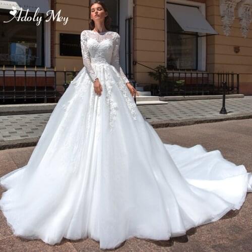 Adoly Mey Elegant O-Neck Long Sleeve A-Line Wedding Dresses 2020 Gorgeous Appliques Tulle Chapel Train Customized Wedding Gown