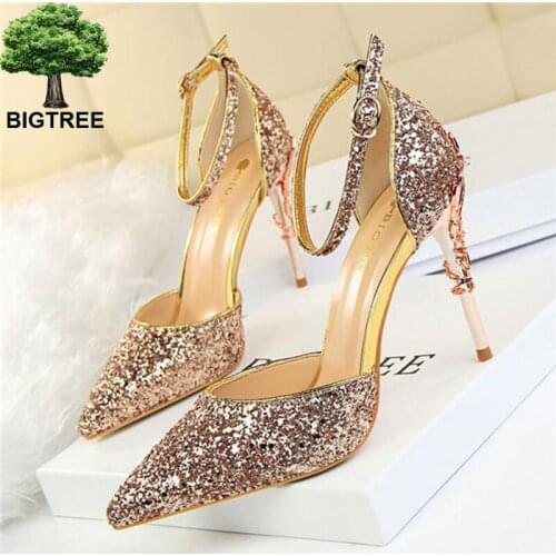 BIGTREE Hot Star Bling Ankle Buckle Women Sandals Fashion Carved Metal Heels Party Shoes Pointed Shallow High-Heeled Shoes Woman
