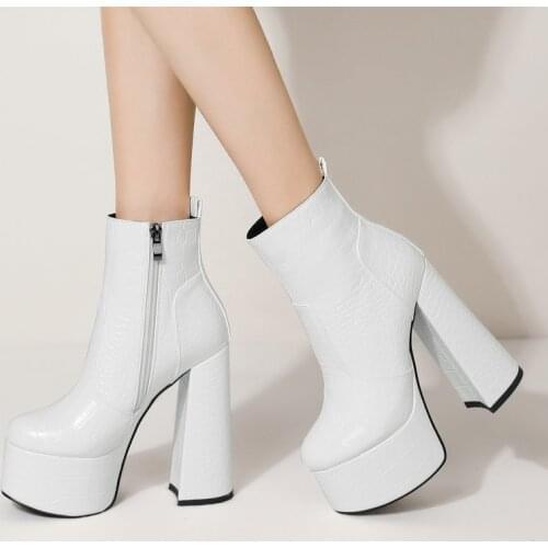 Fashion Zipper Square High Heel Platform Women Shoes Crocodile Print Autumn Winter Ankle Boots Ladies Round Toe Short Boots