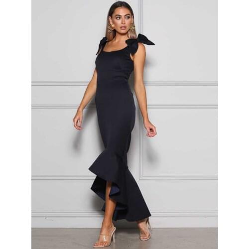 Bow Shoulder Backless Black Elegant Ruffled Fishtail Style Midi Summer Dress Sleeveless Stretch Evening Party Night Club Dress
