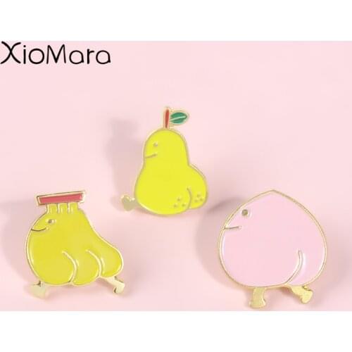 Yellow Fruits Chicks Enamel Pins Banana Peach Pear Chicken Animal Jewelry Brooches Denim jeans Lapel Pins For Kids Friends