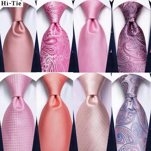 Hi-Tie Peach Pink Coral Solid Mens Silk Wedding Tie Fashion Designer Gift Necktie For Men Quality Hanky Cufflink Business Party