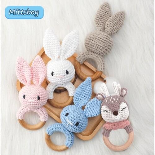 Hot Baby Wooden Rattle Teething Crochet Lion Elephant Elk Deer Baby Teether Gym Music Rattle Ring Newborn Pram Stroller Toy Gift