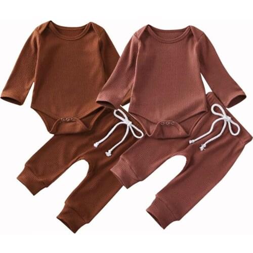 Newborn Baby Boy Girl Clothes Sets Solid Knit Long Sleeve Romper Tops+Long Pants Outfit Set 0-24M