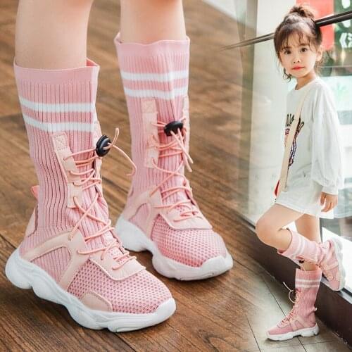 Spring Autumn Casual Sport Girls Weaving Sneaker Breathable Comfortable Girls Hosiery Shoes Lace Up Girls High Top Shoes 26-36
