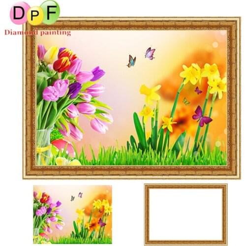 DPF Diamond Embroidery kit Colored tulips 5d Round full Diamond painting Cross Stitch with Framed Rhinestone home Decor painting