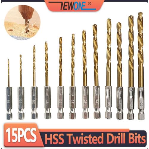 15PC/Set High Speed Steel Titanium Coated Drill Bits Set 3mm/4mm/5mm Hex Shank Steel Titanium Coated Drill Bit Shank