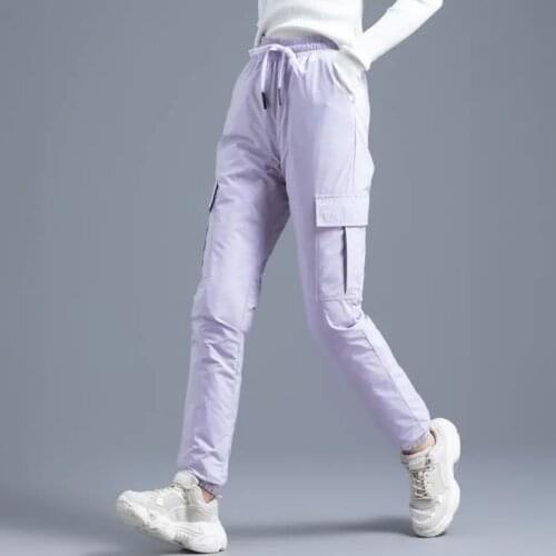 Autumn Winter Plus Velvet Baggy Cargo Pants Womens Outdoor Sport High Waist Warm Trousers Purple New Fashion Casual Slim Pants