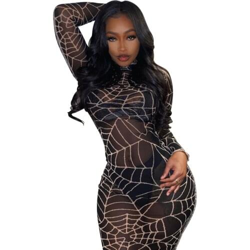 Sexy Women Print Dress Full Sleeve Party Night y2k Sheer Mesh See Through Dresses For Women 2021 Vestidos