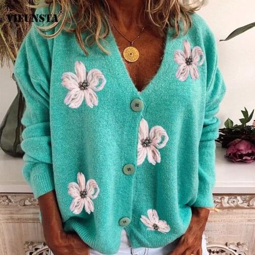 Vintage Fashion Daisy Print Sweater Cardigan Women Sexy Deep V Neck Button Open Stitch Tops Autumn Winter Loose Knitted Sweaters