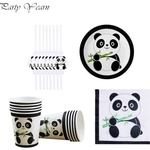 Party Supplies 50Pcs/Lot Panda Theme Kid Birthday Party Paper Cup Plate Tissue Wedding Disposable Tableware Straw Napkin Provide