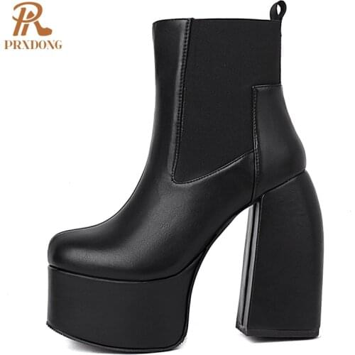 Womens Stretch Boots Top Quality Microfiber Patent Leather Super High Heeled Thick Platform Black Motorcycle Short Ankle Shoes