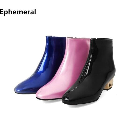 Women Waterproof Boots In Winter Warm Thick Fur Patent Leather High Heel Bootie Short Shoes Square Toe Botas Zippers Black Pink