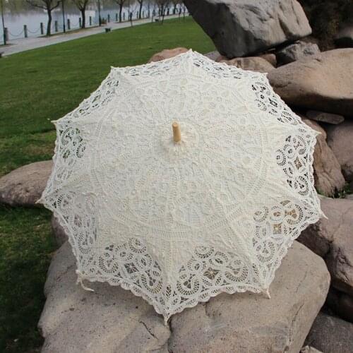 Victorian Style Handmade Battenburg Cotton Lace Sun Lace Parasol Umbrella Hook Handle Birthday Shower Party Wedding Umbrella