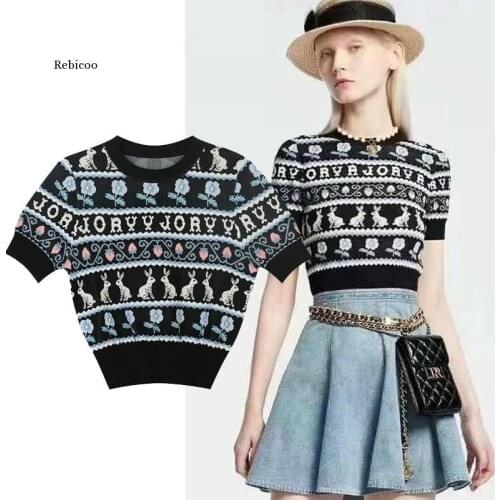 Knitted Pullvoers Women O-Neck Short Sleeve Vintage Rabbit Letters Casual Striped Sweater Tops Za Clothes Korean Fashion kawaii